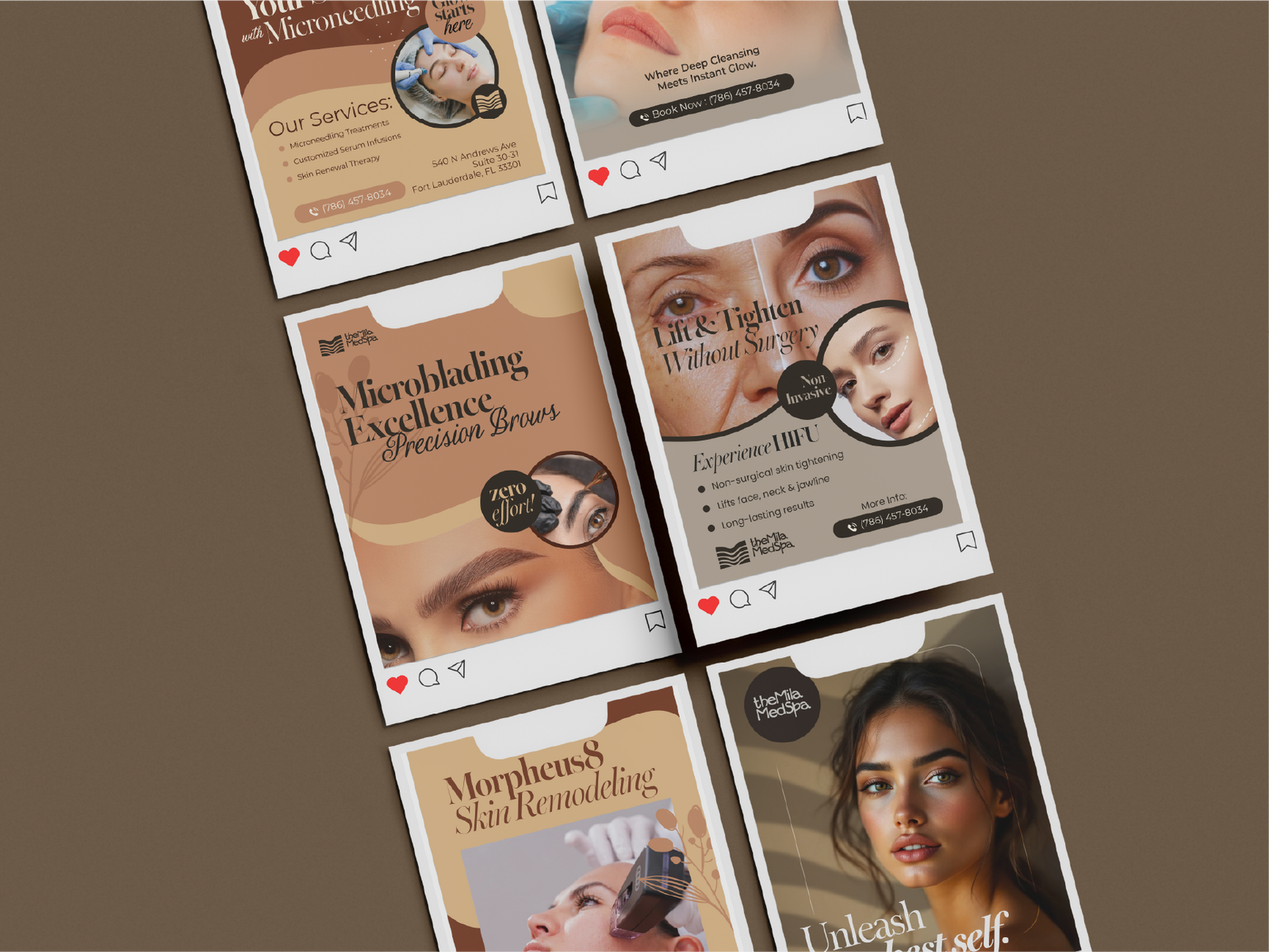 Mockup de colección de posts de Instagram y diseño para redes sociales de The Mila MedSpa