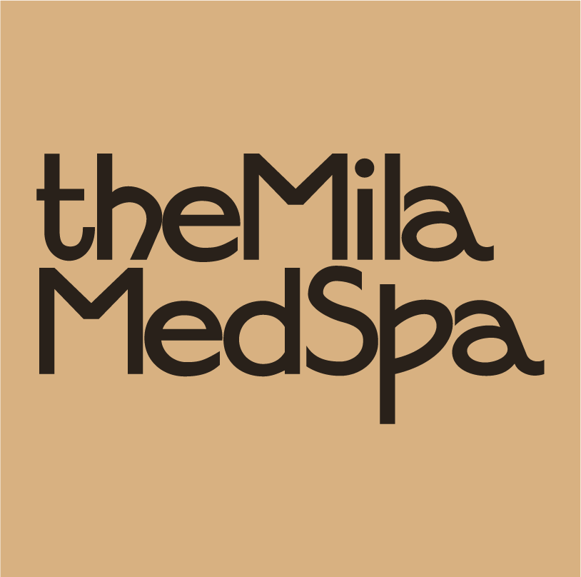 Logotipo tipográfico (wordmark) de The Mila MedSpa con tipografía personalizada en color marrón sobre fondo beige