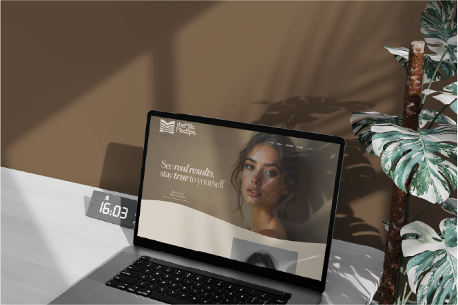 Mockup de diseño web y diseño de interfaz (UI) para The Mila MedSpa en laptop